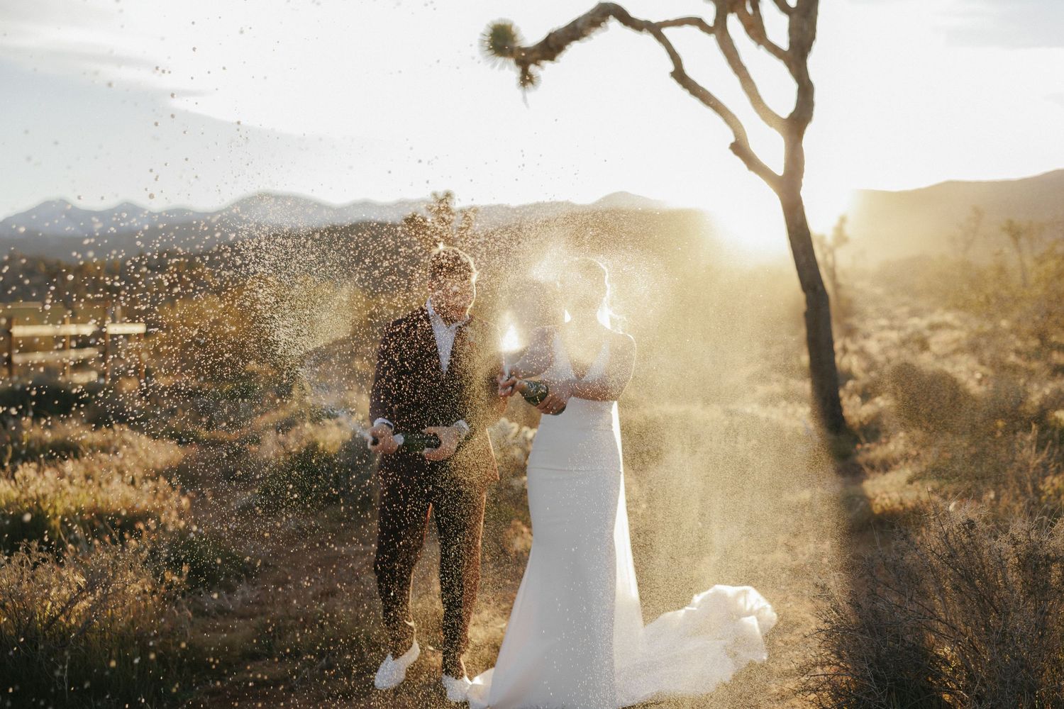 Joyful couple celebrates with champagne spray at golden hour near Joshua Tree at desert wedding.