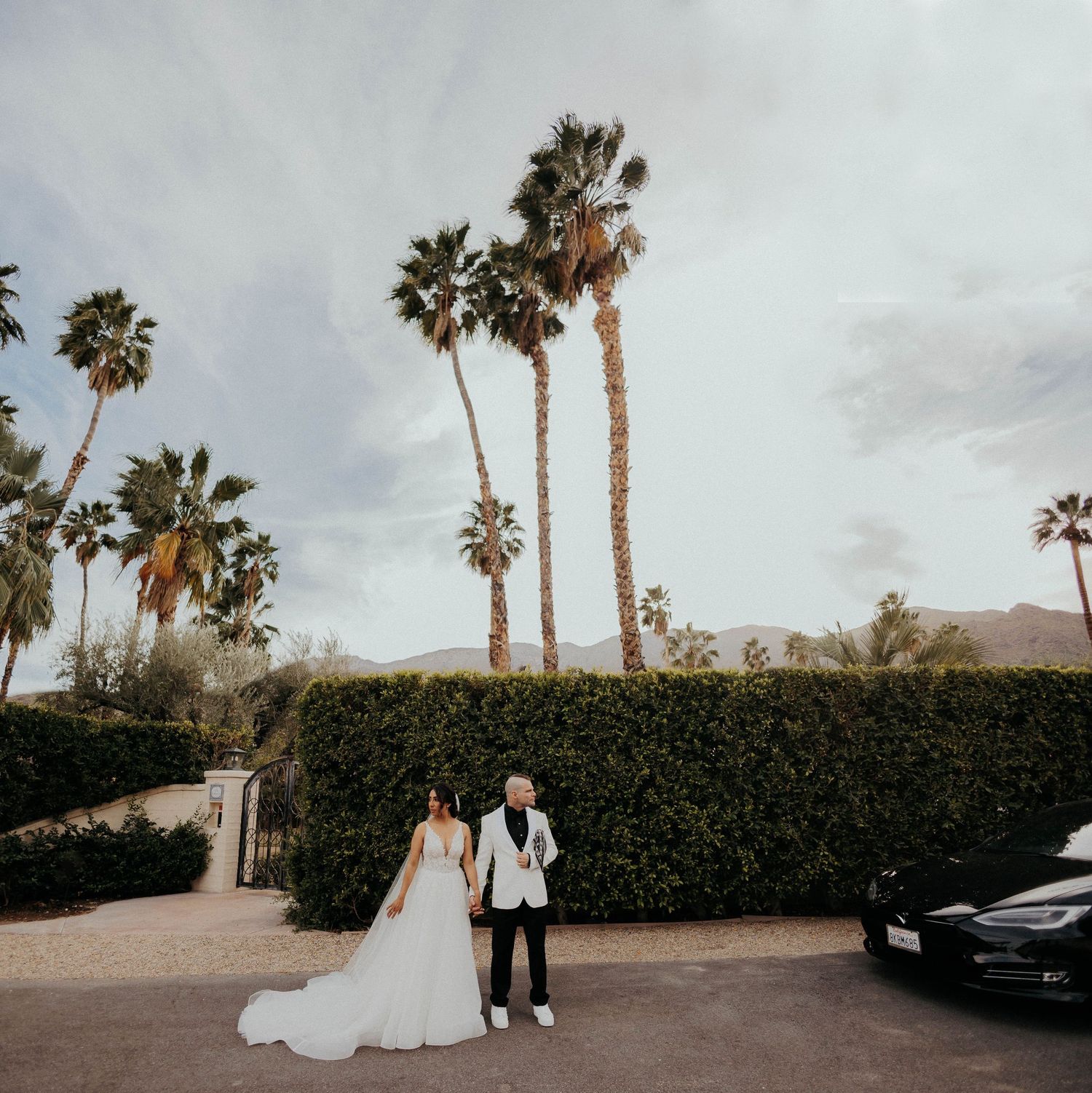 Wedding couple walking near palm trees and hedges at sunset.