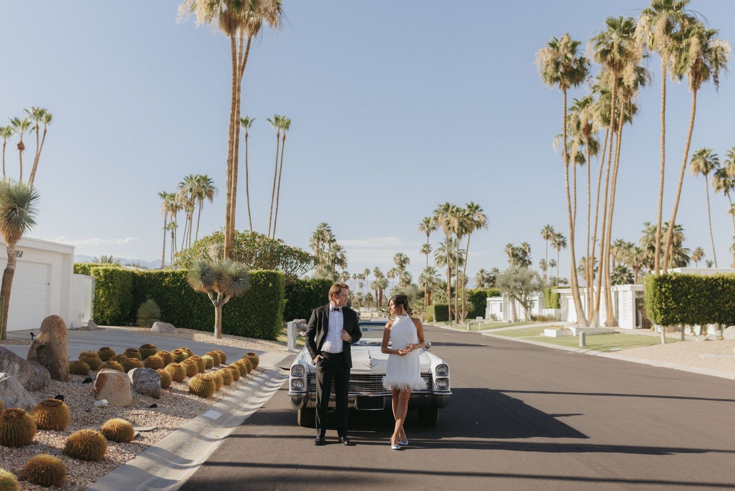 Couple leaning against a white car on a palm tree-lined street in Palm Springs on a sunny day.