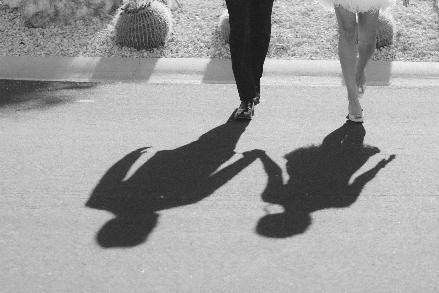 Black and white photo of a couple walking, their elongated shadows stretching across sunlit pavement near a cactus.