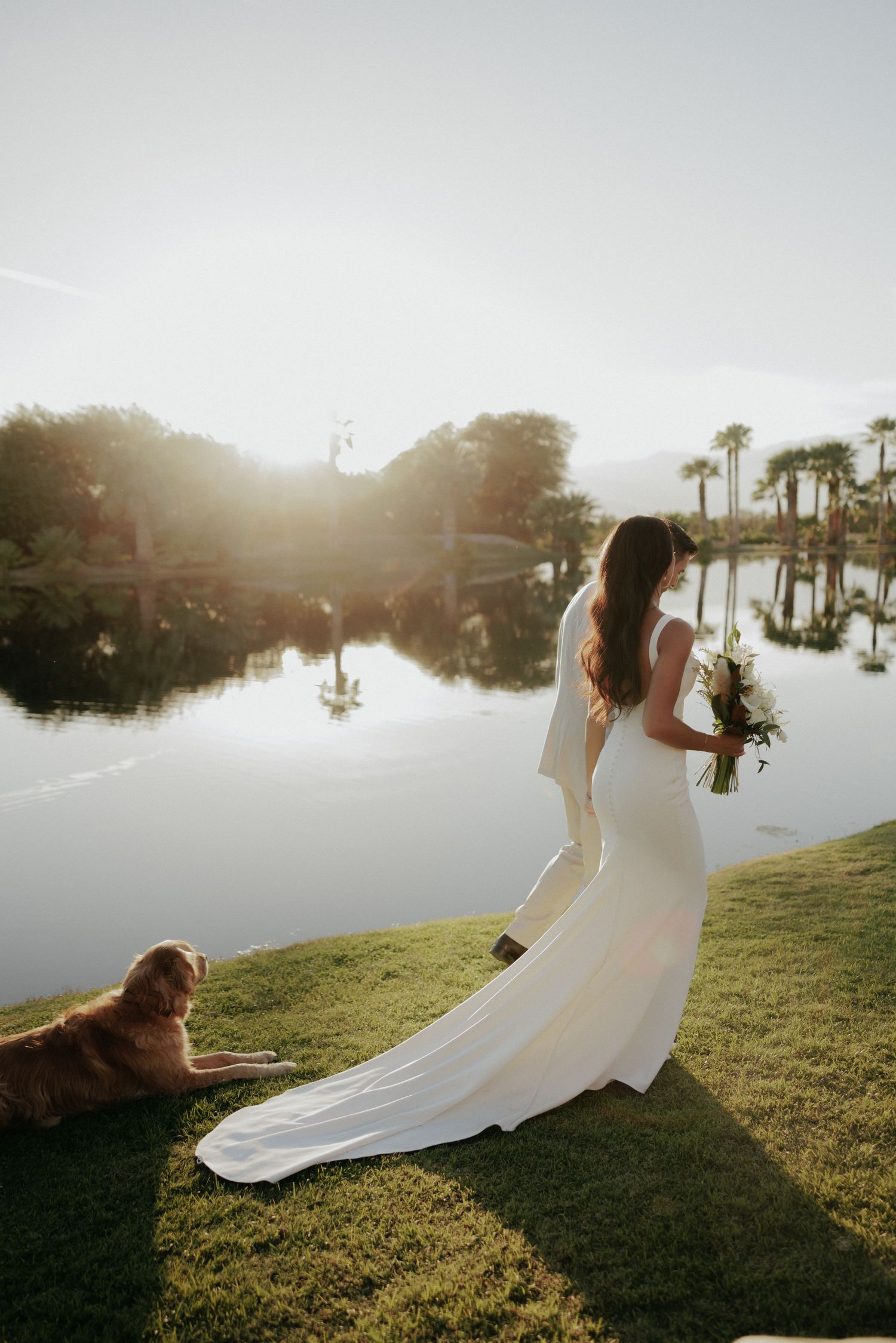 A series of sunset silhouettes show a flowing white wedding dress in motion across a palm-lined landscape beside water.