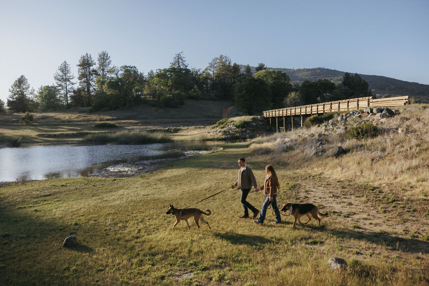 Two people walking dogs near a scenic pond with rolling hills, trees, and a wooden bridge in the background.