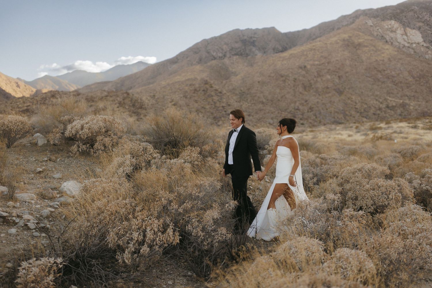 Bride and groom walking hand in hand through desert landscape with mountain views in Palm Springs.