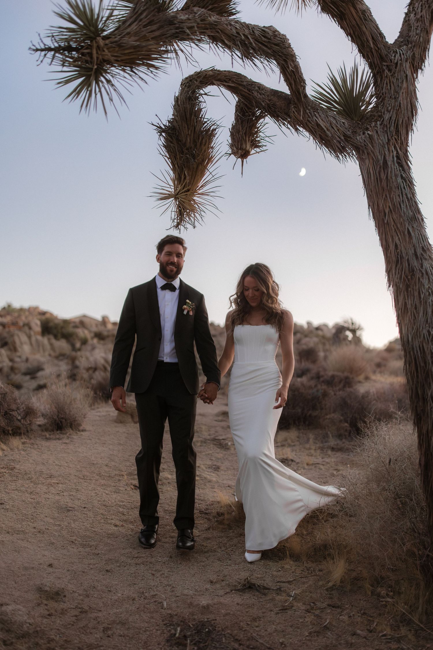 A couple in wedding attire walks hand in hand beneath a Joshua tree at sunset in a desert landscape.