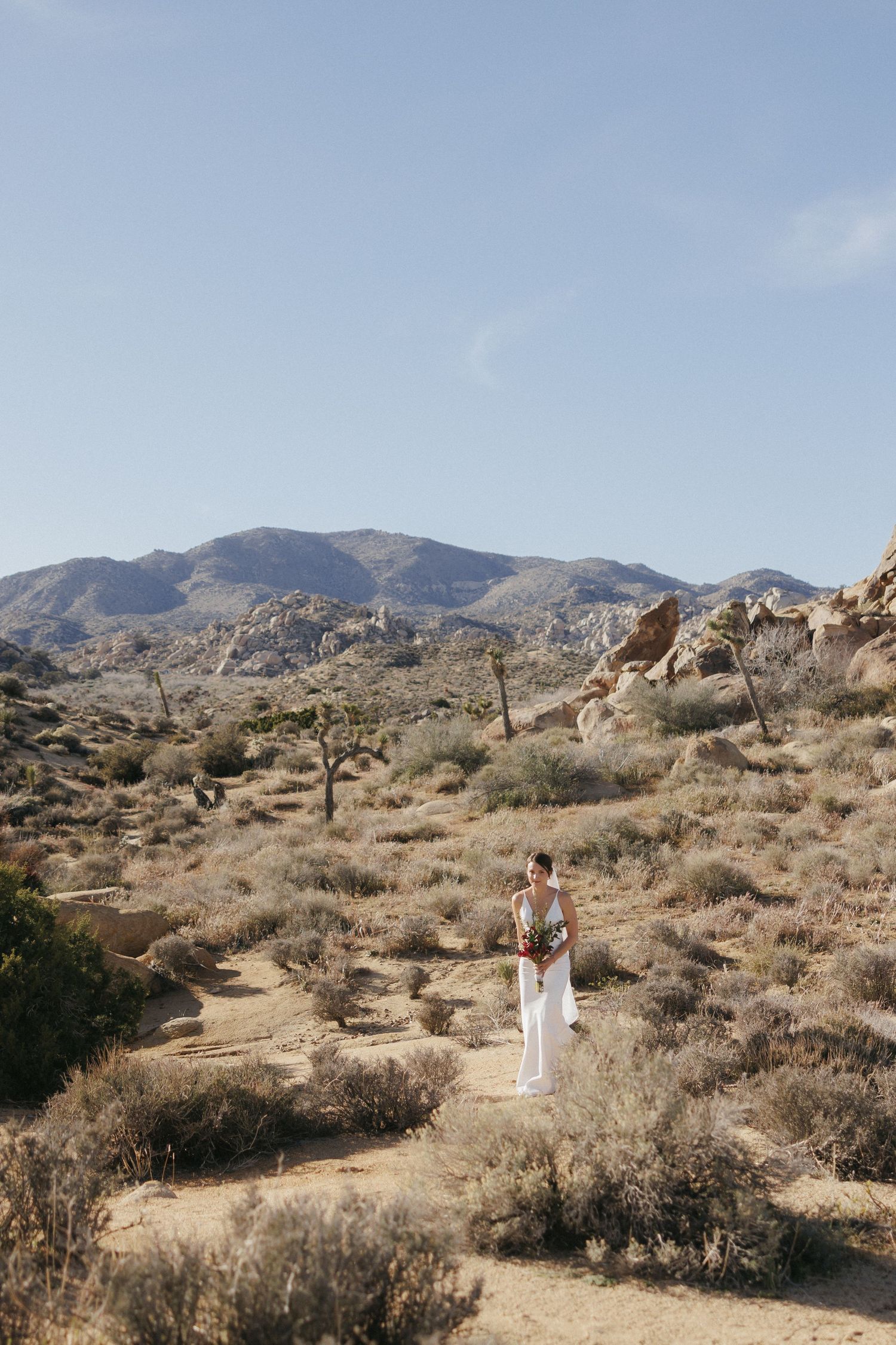 Bride in white dress holding bouquet stands on desert trail with mountains and Joshua trees behind her.