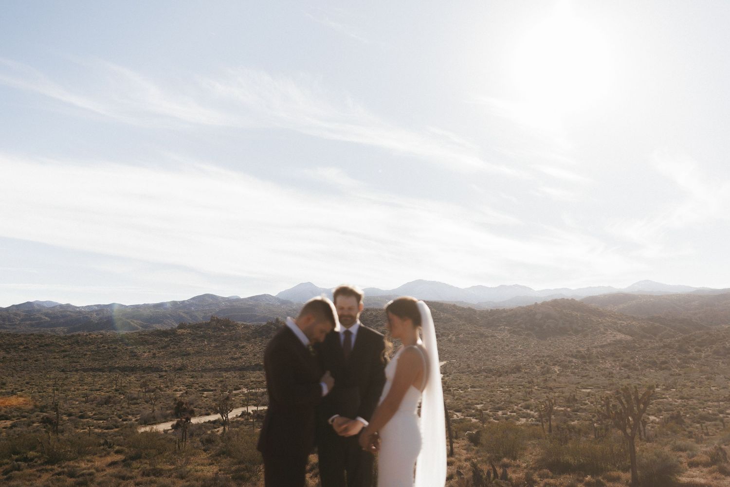 Couple exchanges vows with officiant in stunning desert landscape with mountain backdrop.