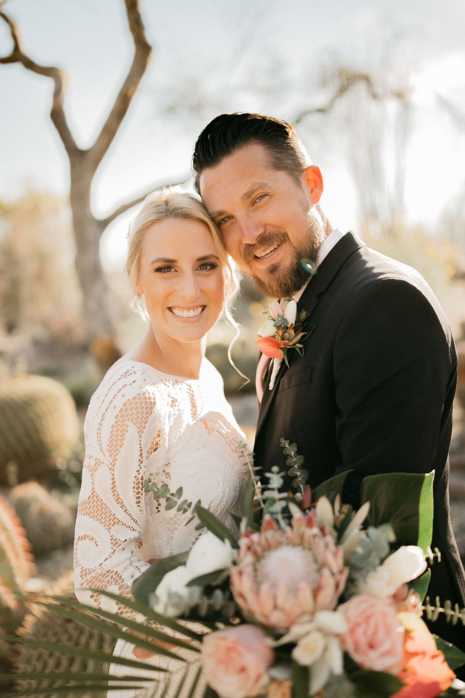A romantic wedding photo collage showing a happy couple embracing outdoors with a beautiful floral bouquet.