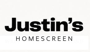 Justin's Homescreen logo featuring bold black typography on a clean white background.