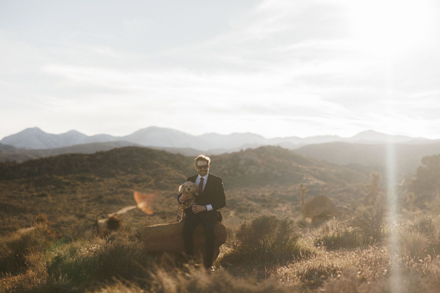 Groom in dark suit stands in golden sunlit highland meadow with mountains in background.