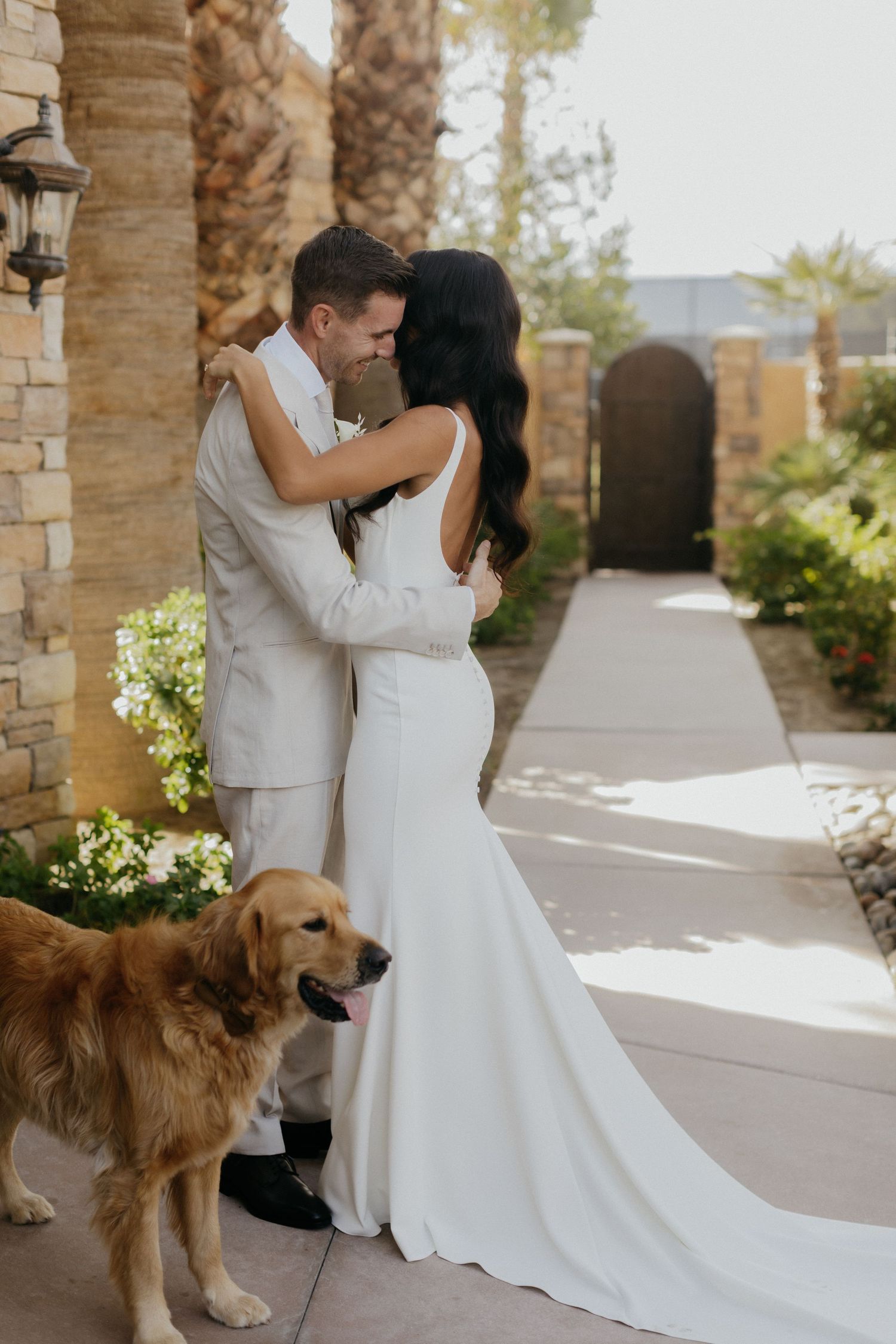 A Golden Retriever sits beside a couple in wedding attire embracing on a stone porch with palm trees in the background.
