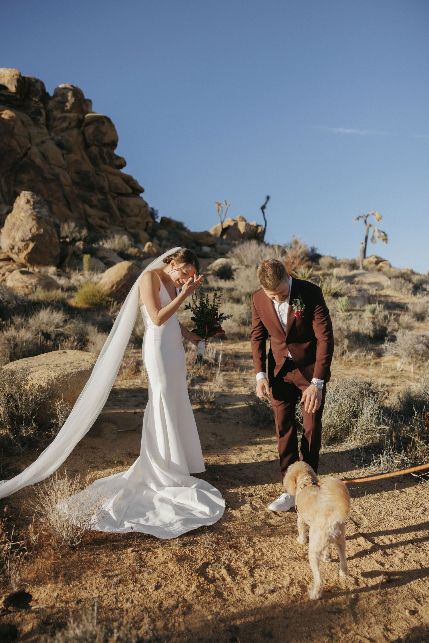 Bride and groom interact with their golden dog during a desert wedding ceremony in Joshua Tree.