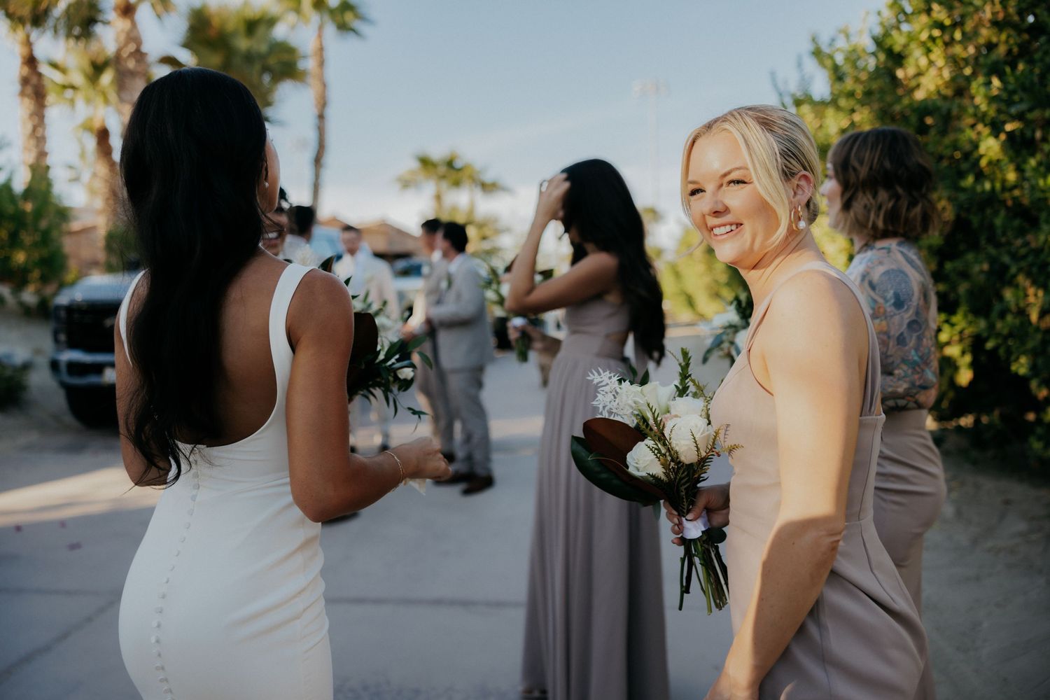 A series of outdoor wedding photos showing guests and celebrations in a natural setting during golden hour.