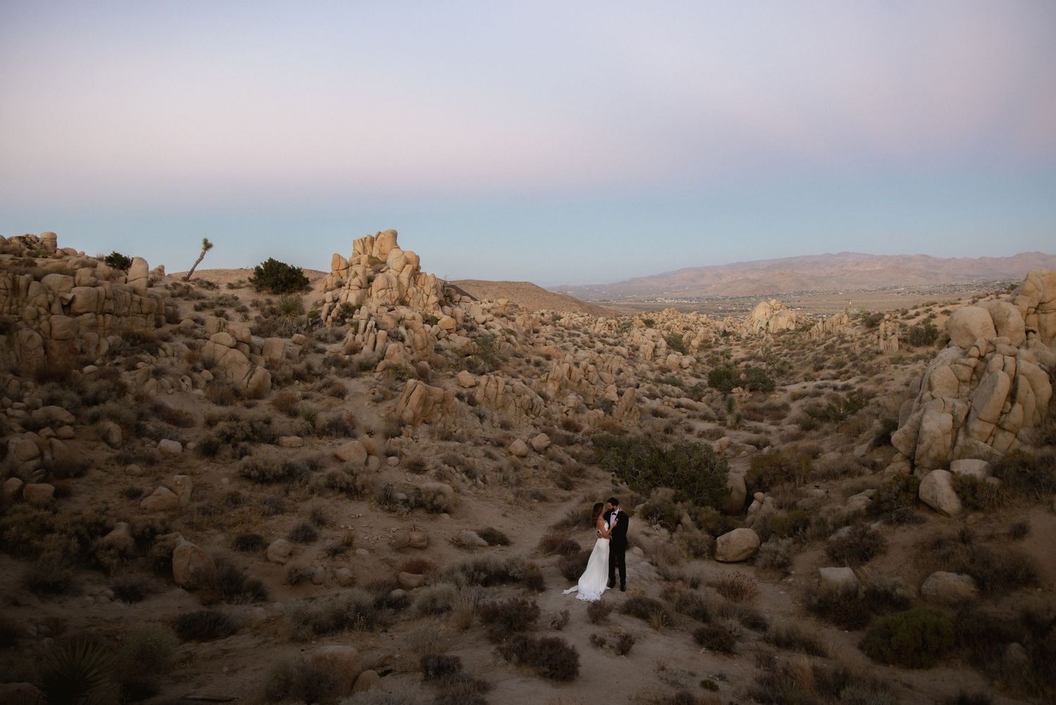 Scenic desert landscape in Joshua Tree National Park at sunset showing rugged rock formations and native vegetation.