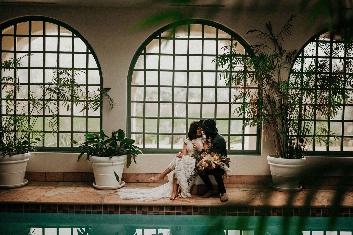 Sunlit interior space with arched windows and potted plants along a decorative windowsill.