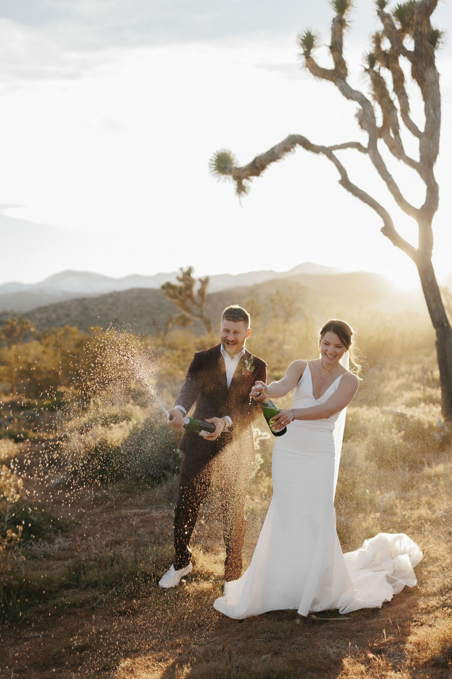 Joyful newlyweds pop champagne bottle in the Joshua Tree desert at sunset, sparkling wine spraying into the warm golden light.