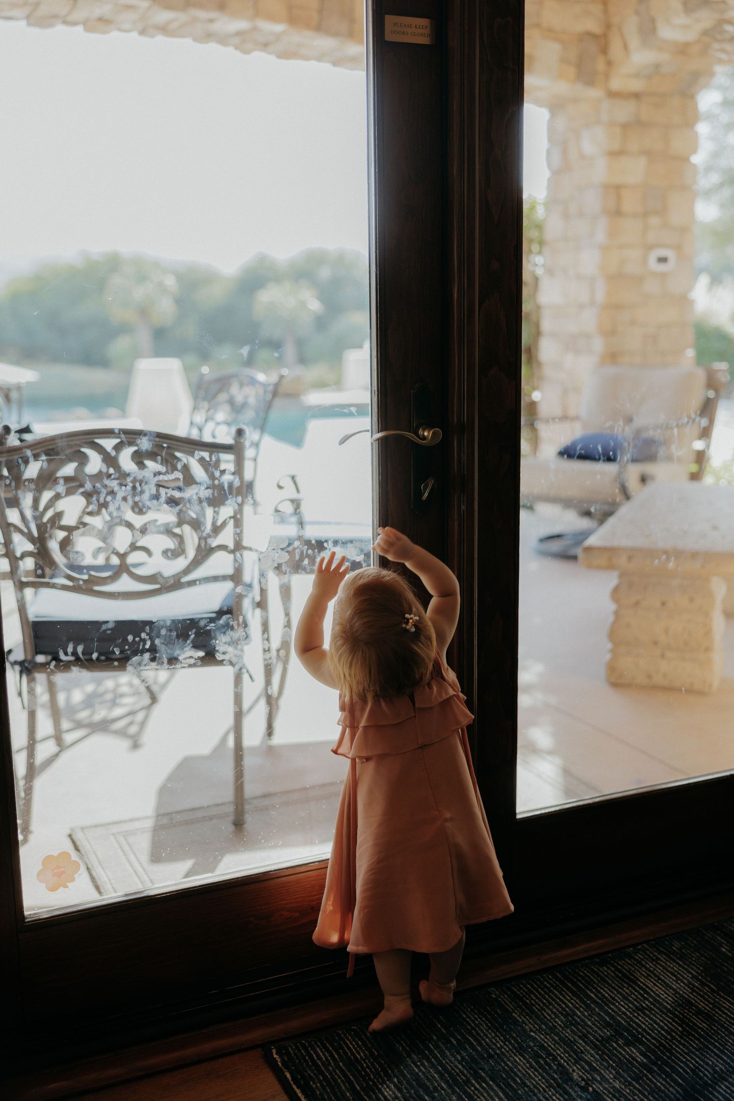 Three sequential photos show a brown dog looking longingly out of large glass windows at a patio area.