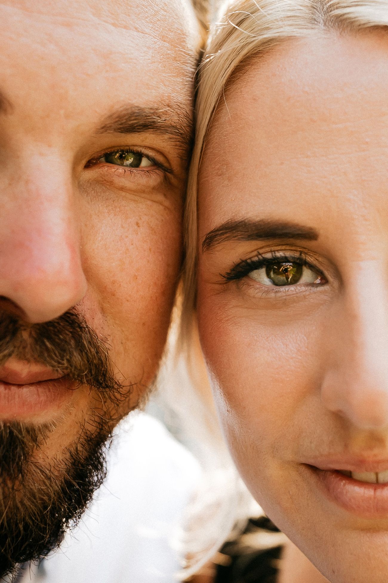 Close-up portrait shots showing intimate details and expressions in natural lighting.