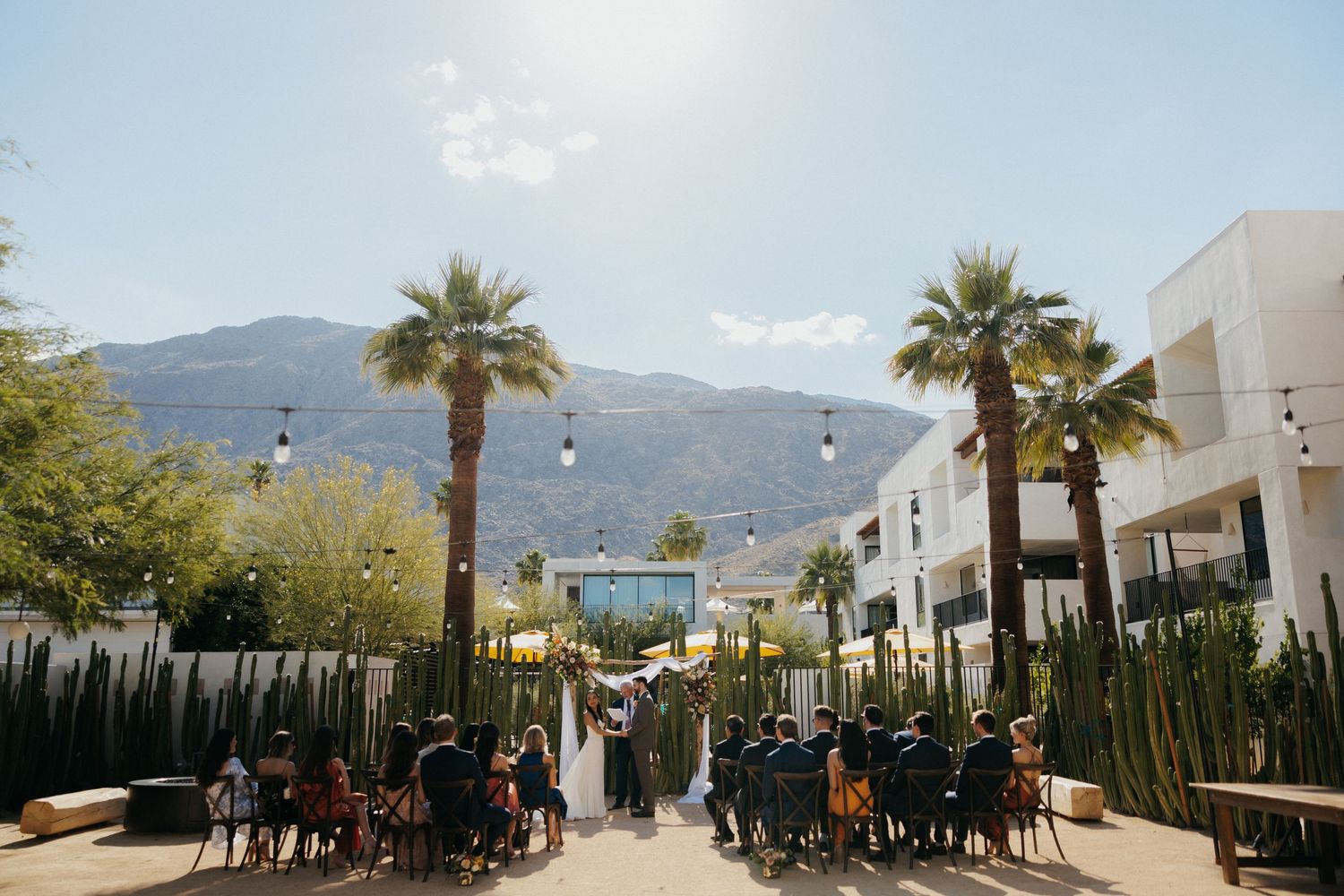 Palm trees line a modern shopping street with outdoor seating and mountain views in Palm Springs, California.