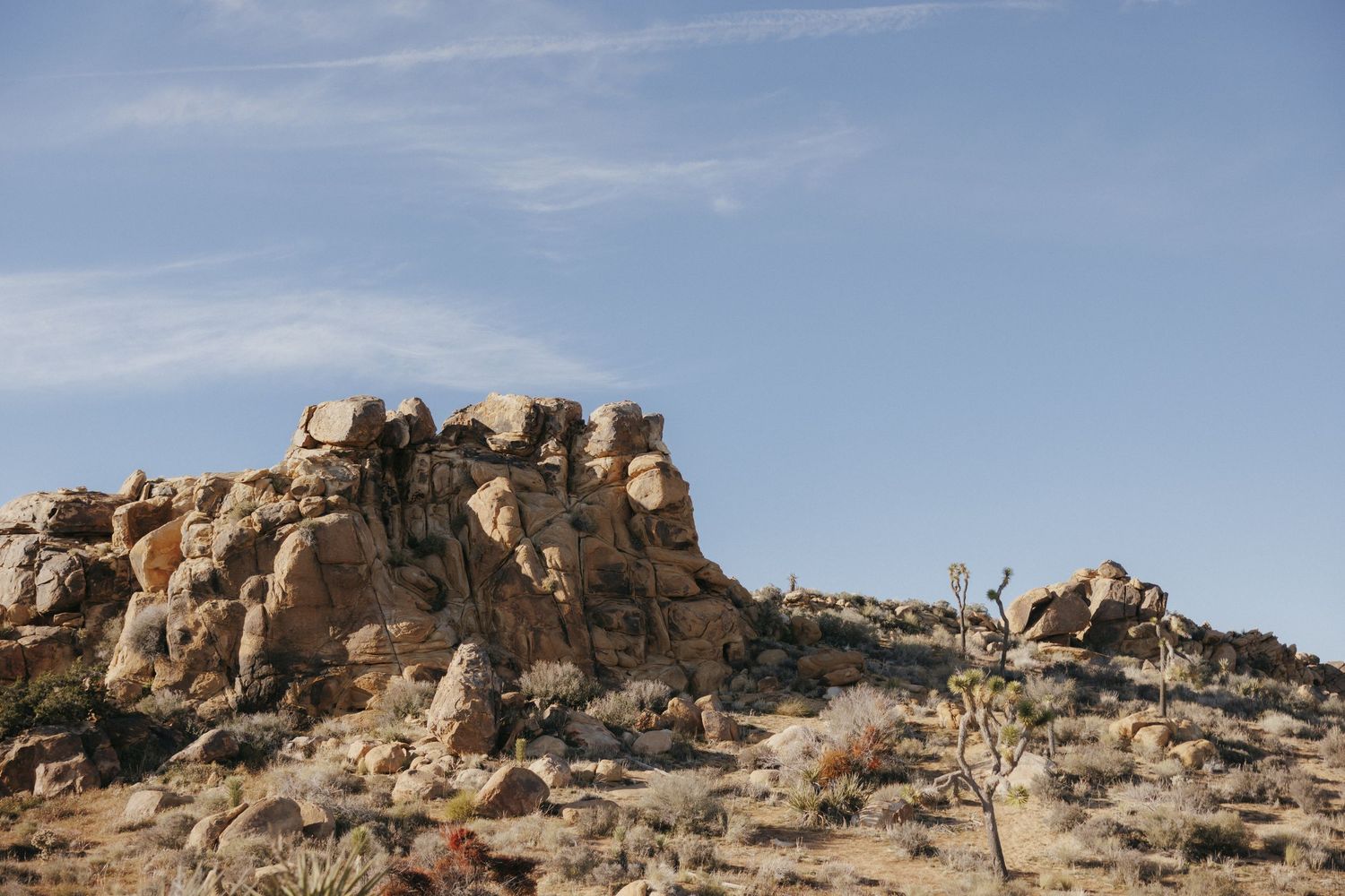 Rocky desert landscape with large boulder formations under a clear blue sky in Joshua Tree National Park.