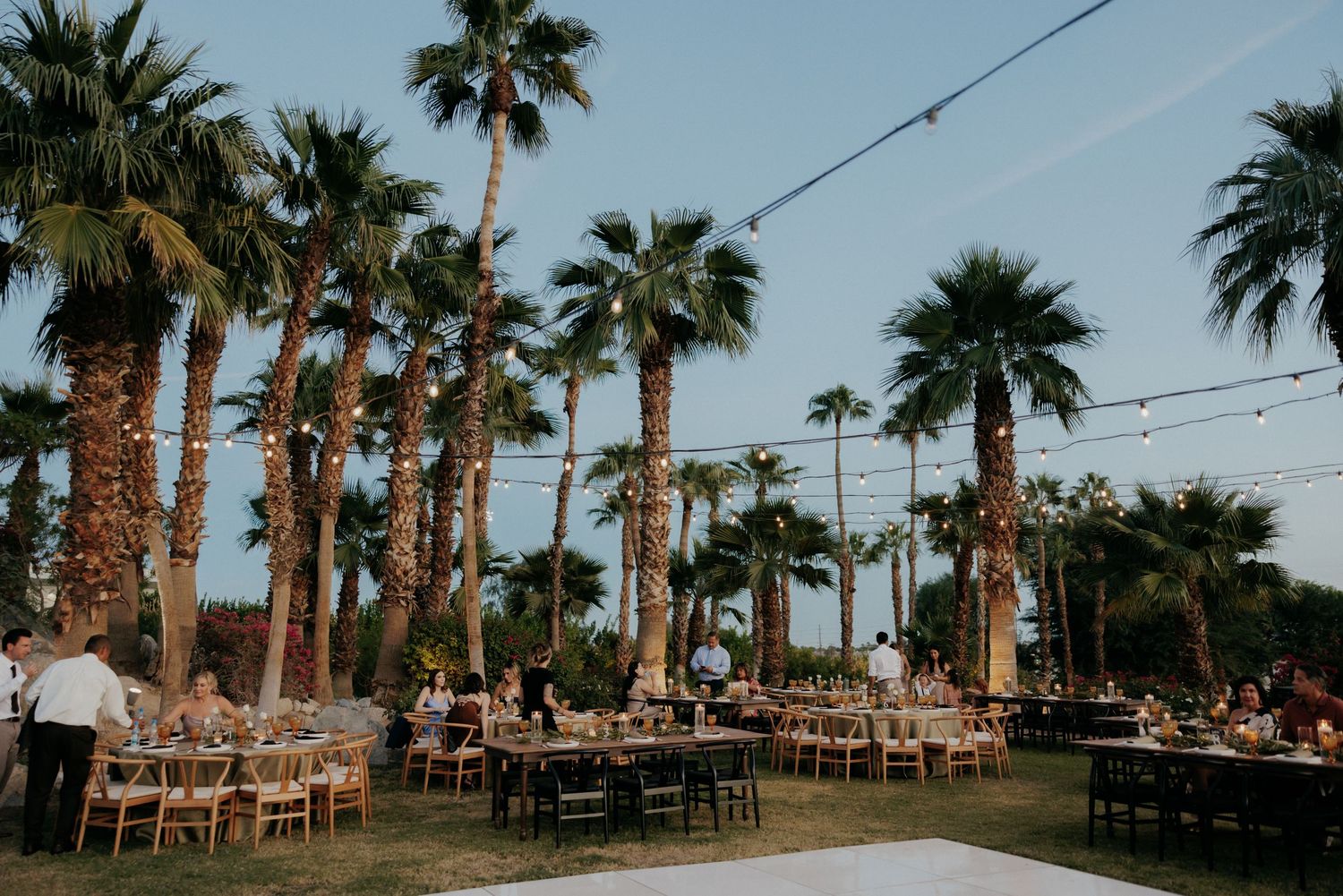 Outdoor wedding ceremony setup with palm trees and string lights at a desert venue in golden hour lighting.
