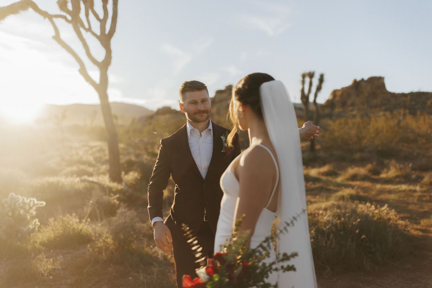 Bride and groom share romantic moment in golden sunlight among Joshua trees in desert wedding setting.