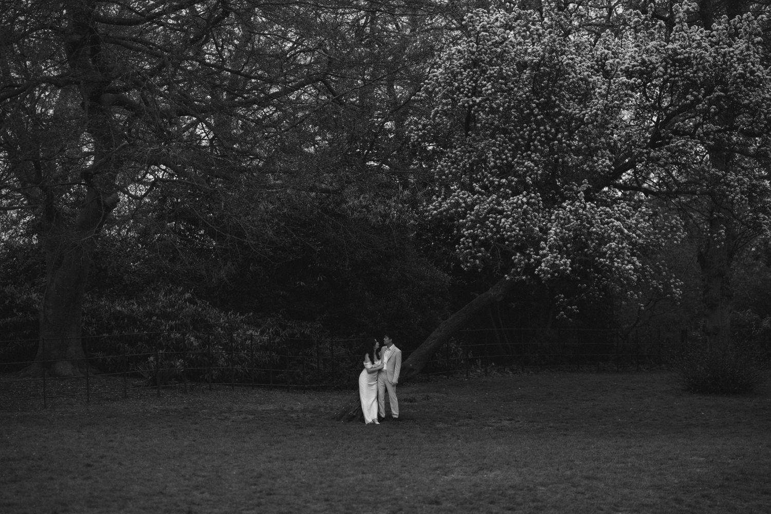 A black and white photo series showing a couple in wedding attire walking through a wooded outdoor setting.