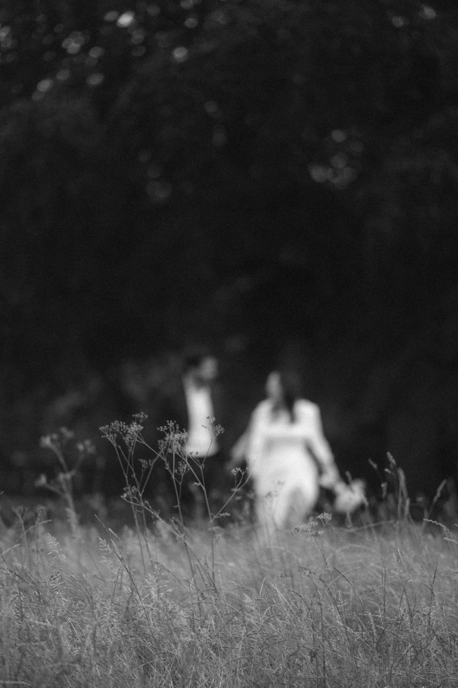 Black and white photo of a couple in a field, blurred background with tall grass and trees in soft focus.