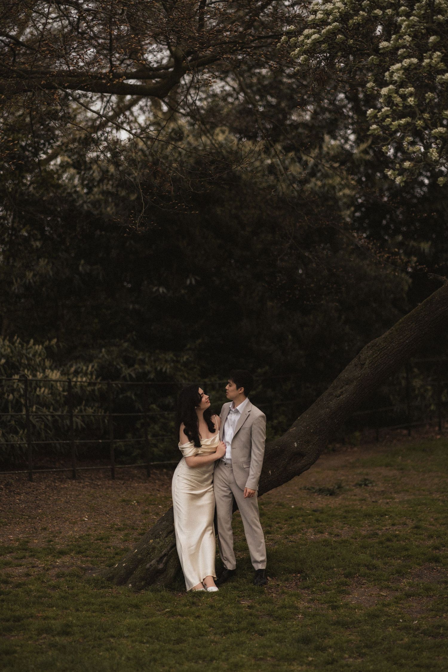 A romantic couple dances together in a field at dusk beneath blooming trees in springtime.