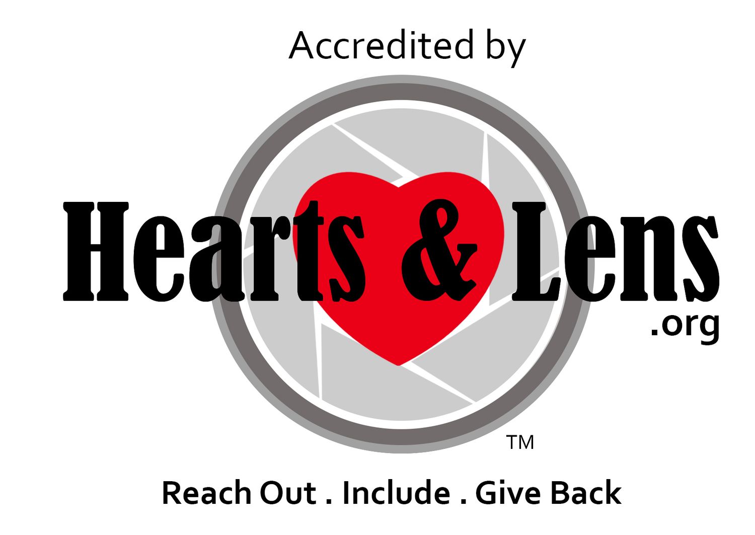 Three variations of the Hearts and Lens photography logo featuring a heart and lens design in red and gray colors.