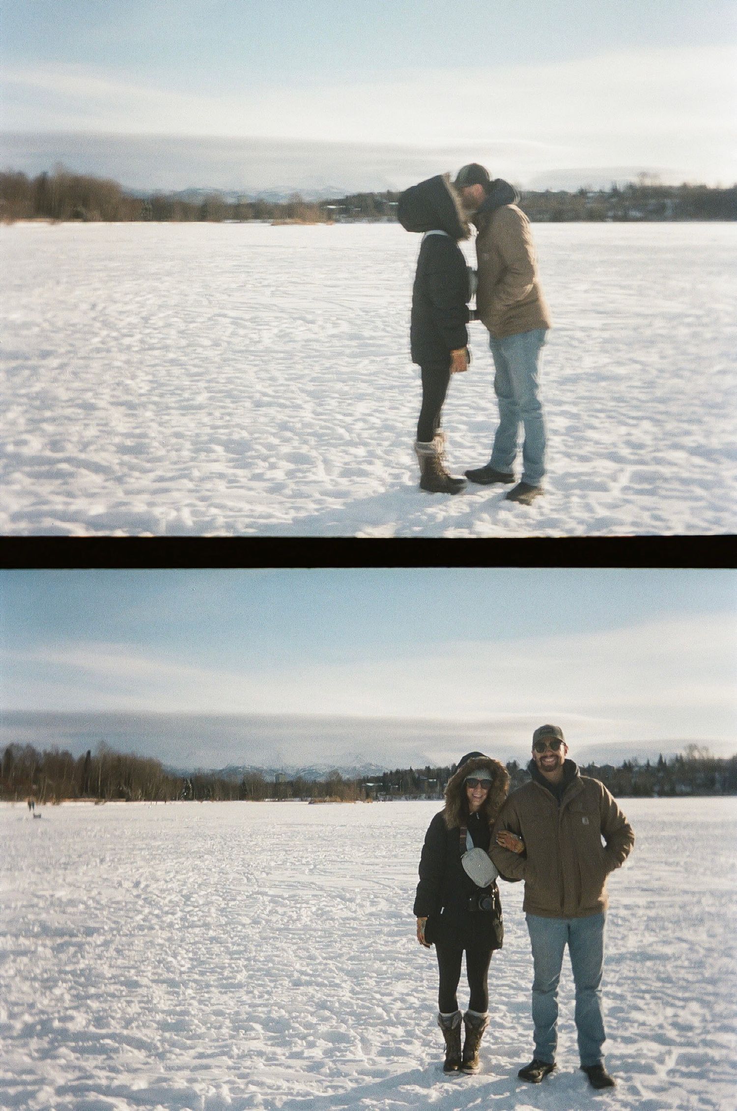 Athena Arnold standing over a frozen lake on 35mm film in Alaska.