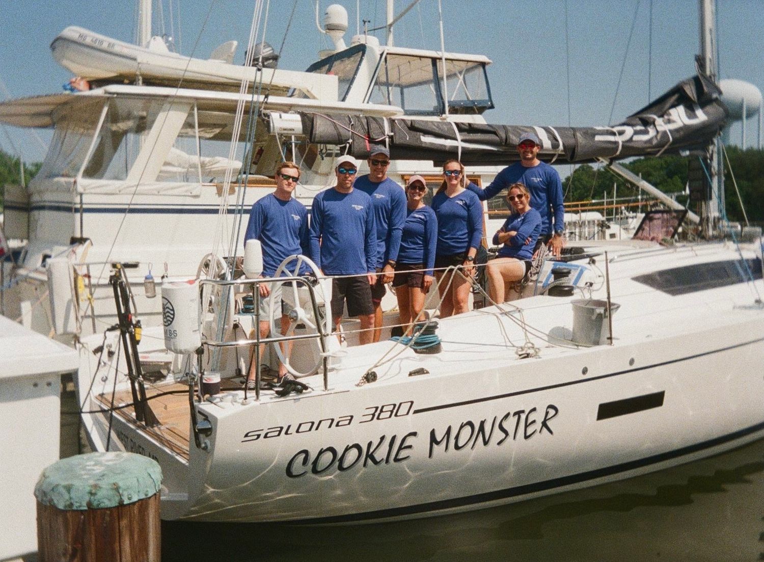 Athena Arnold and sailing team at the dock before starting Annapolis to Newport Race.