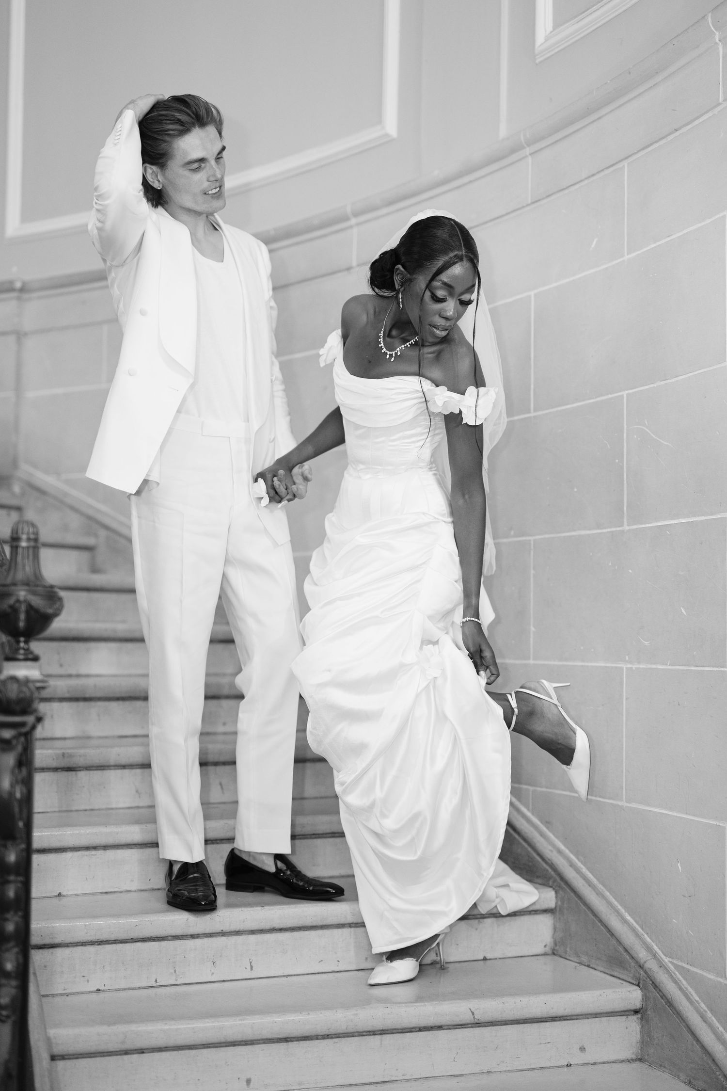 The Armour House Wedding in Lake Forest - Outfit Change Bride and Groom Staircase Portraits