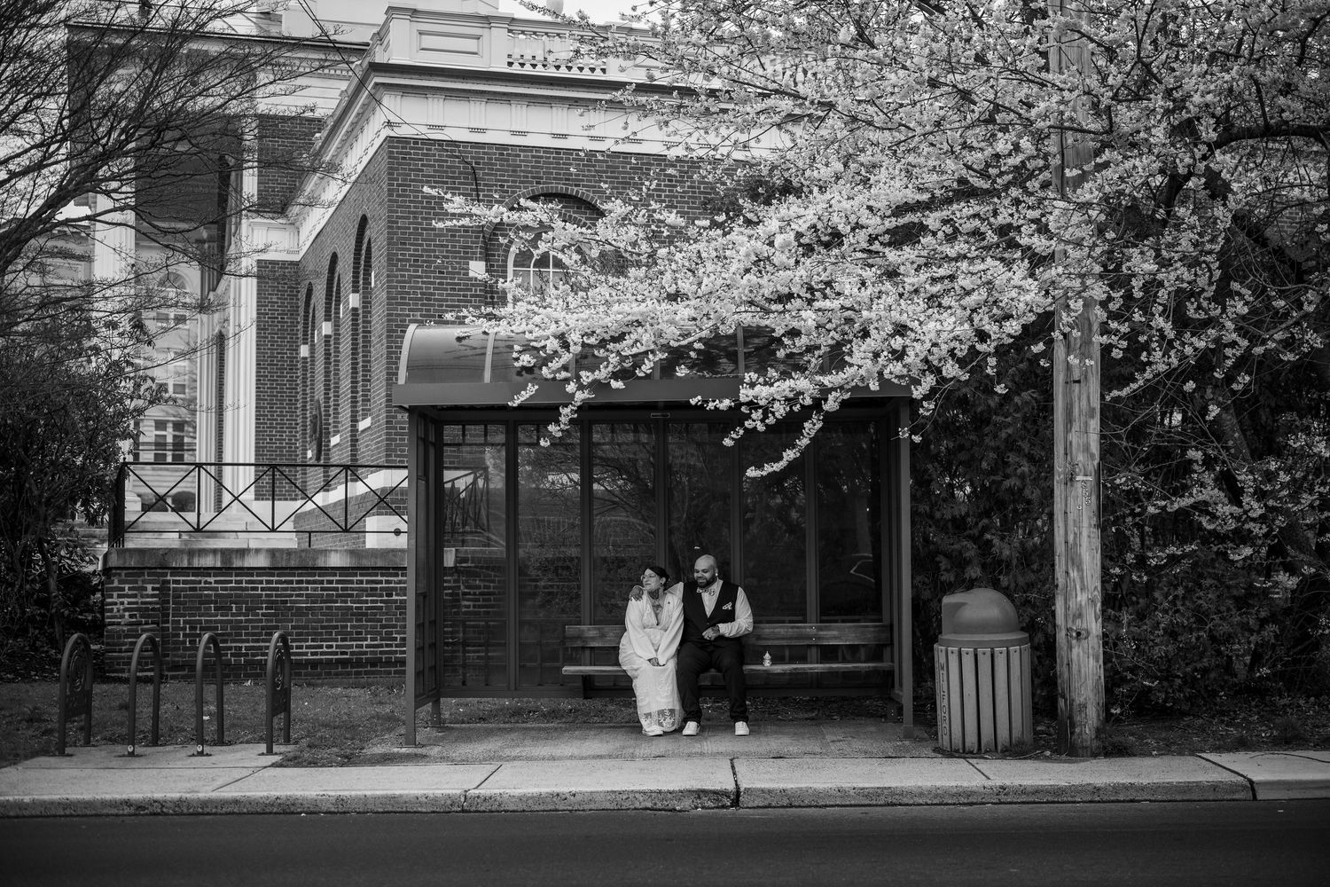 A vintage black and white photograph of people waiting at a bus shelter under blooming cherry trees. Wedding Portrait. Downtown Milford.
