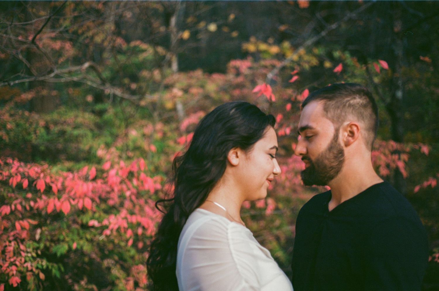 Romantic couple sharing an intimate moment outdoors surrounded by vibrant red autumn foliage.