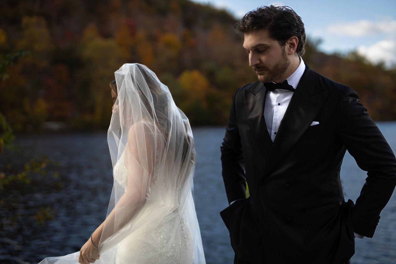 Romantic, Intentional, portrait of bride and groom at The Bear Mountain Inn in Tomkins Cove, NY