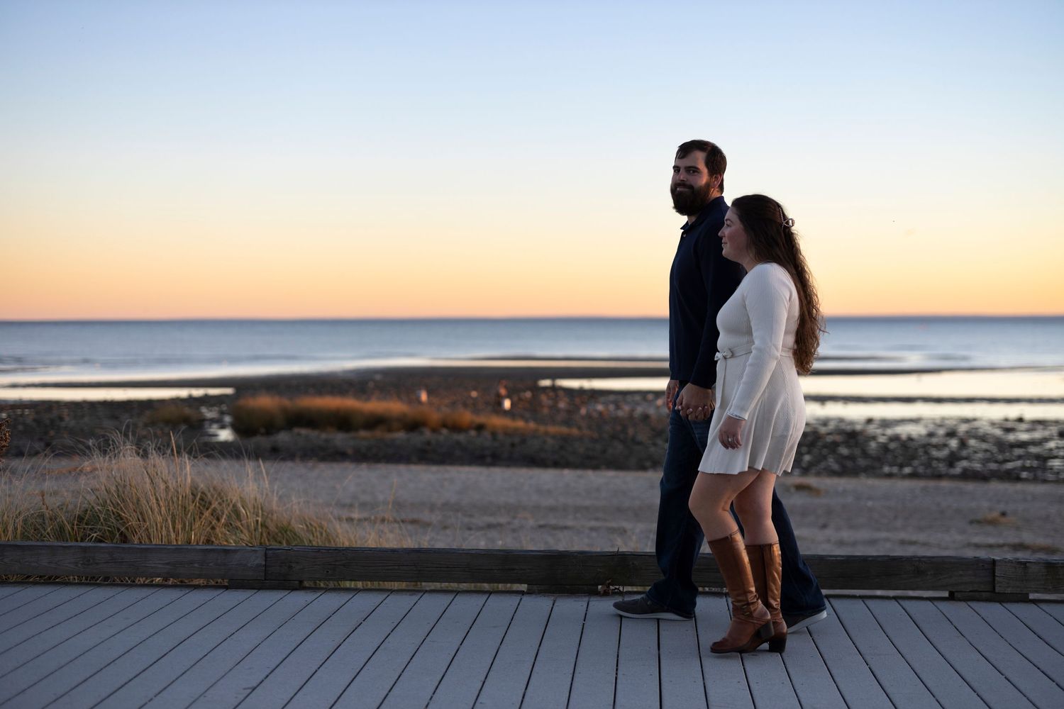 A collection of sunset beach photos showing coastal landscapes and wooden boardwalks along the shoreline.