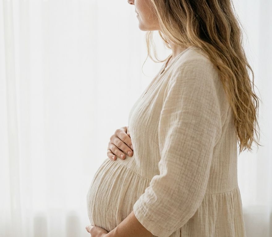 Elegant maternity portrait of an expectant mother in her Chesterfield home.
