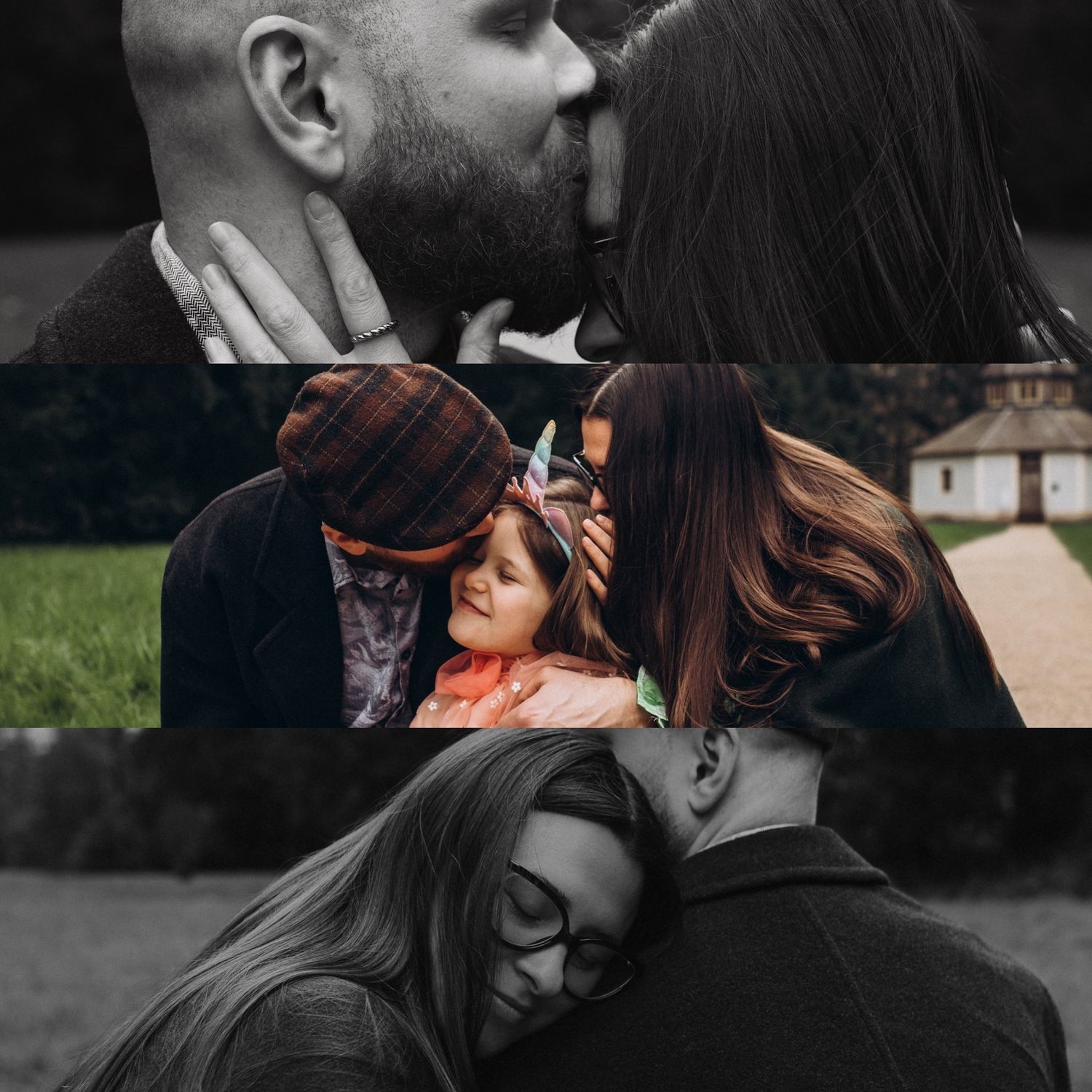Black and white collage of three romantic couple moments including a kiss and family embrace.