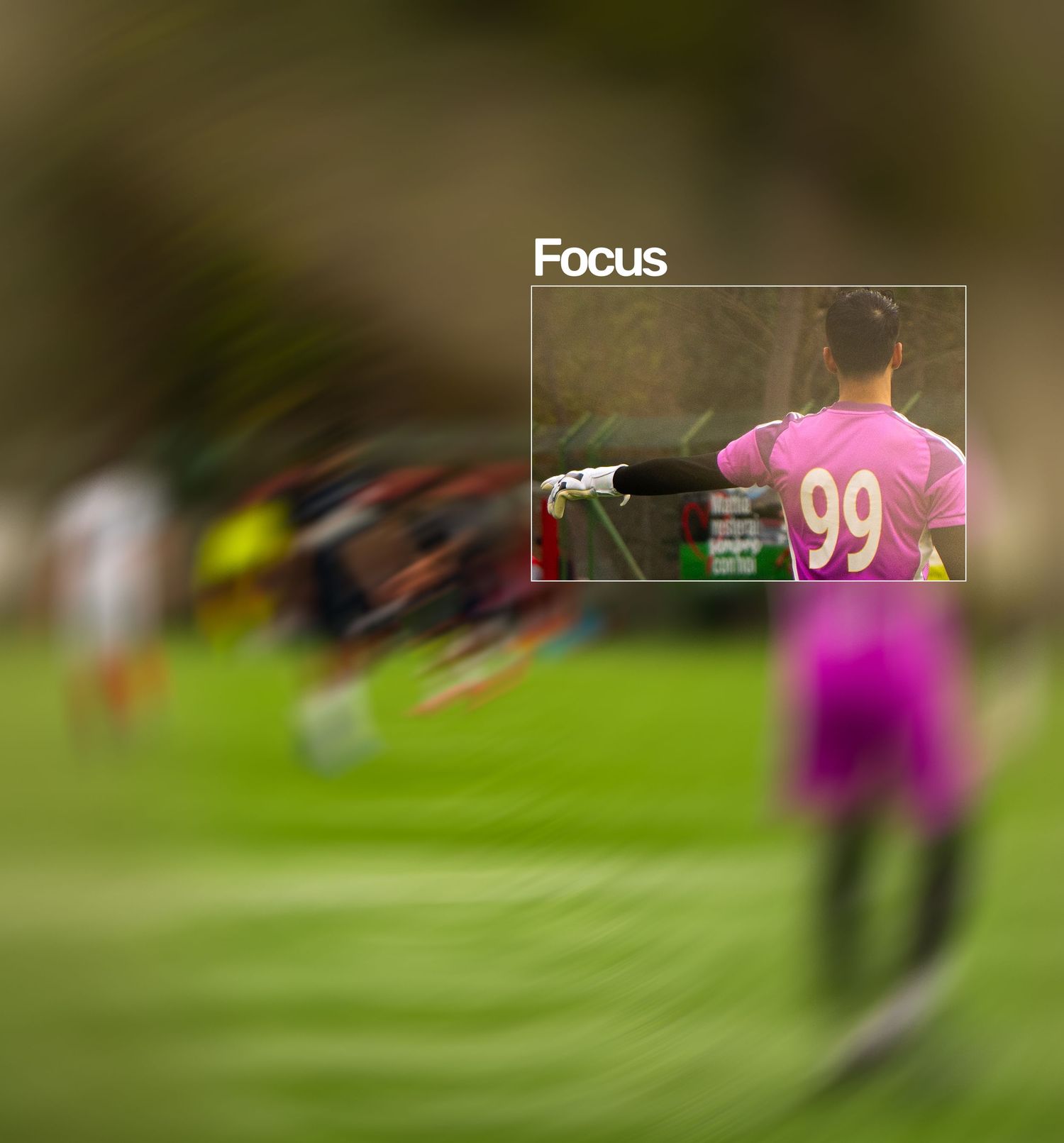 Soccer player wearing pink jersey number 99 highlighted in focus box during a blurred action match.