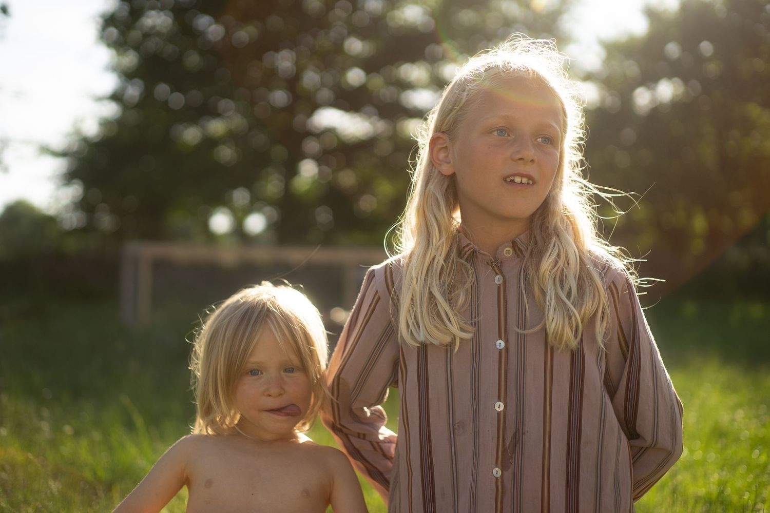 Two blonde children playing outdoors in golden sunlight, older girl in striped shirt holding younger toddler's hand in green field.