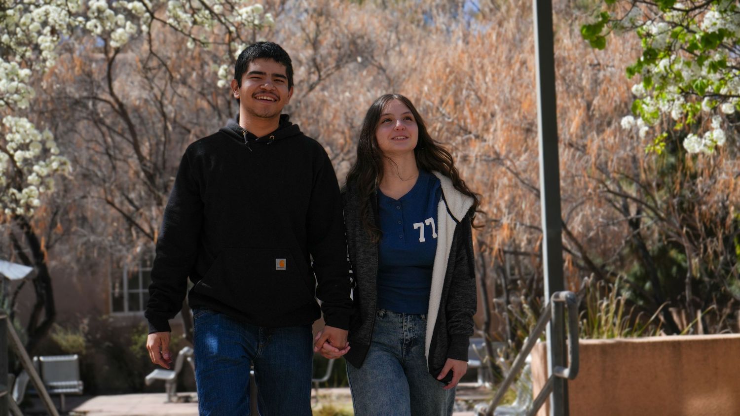 a couple walking and hold hands