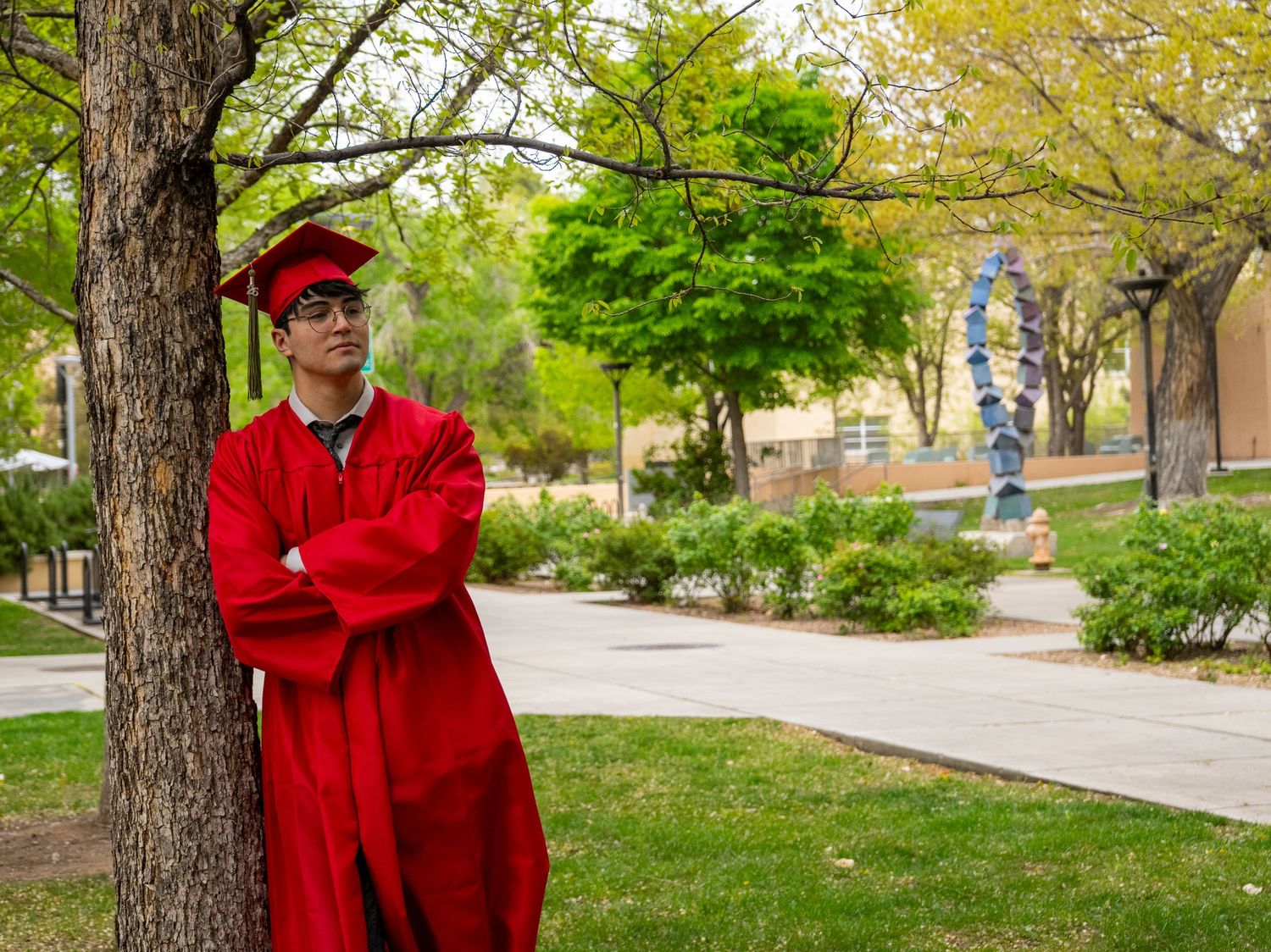 a college graduate leaning on a tree