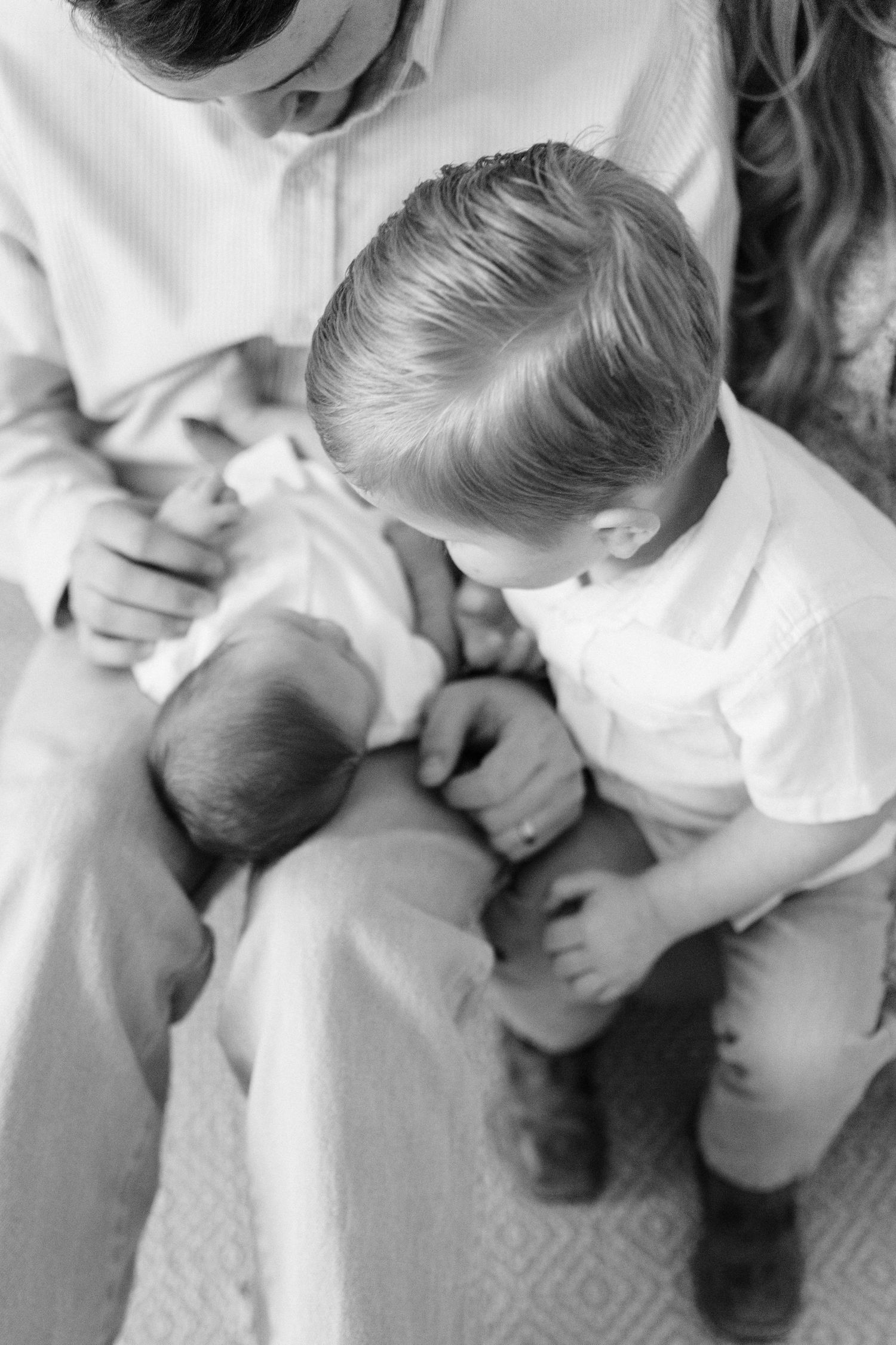 Black and white overhead shot of a toddler boy leaning in to look at a newborn baby in parent's arms.