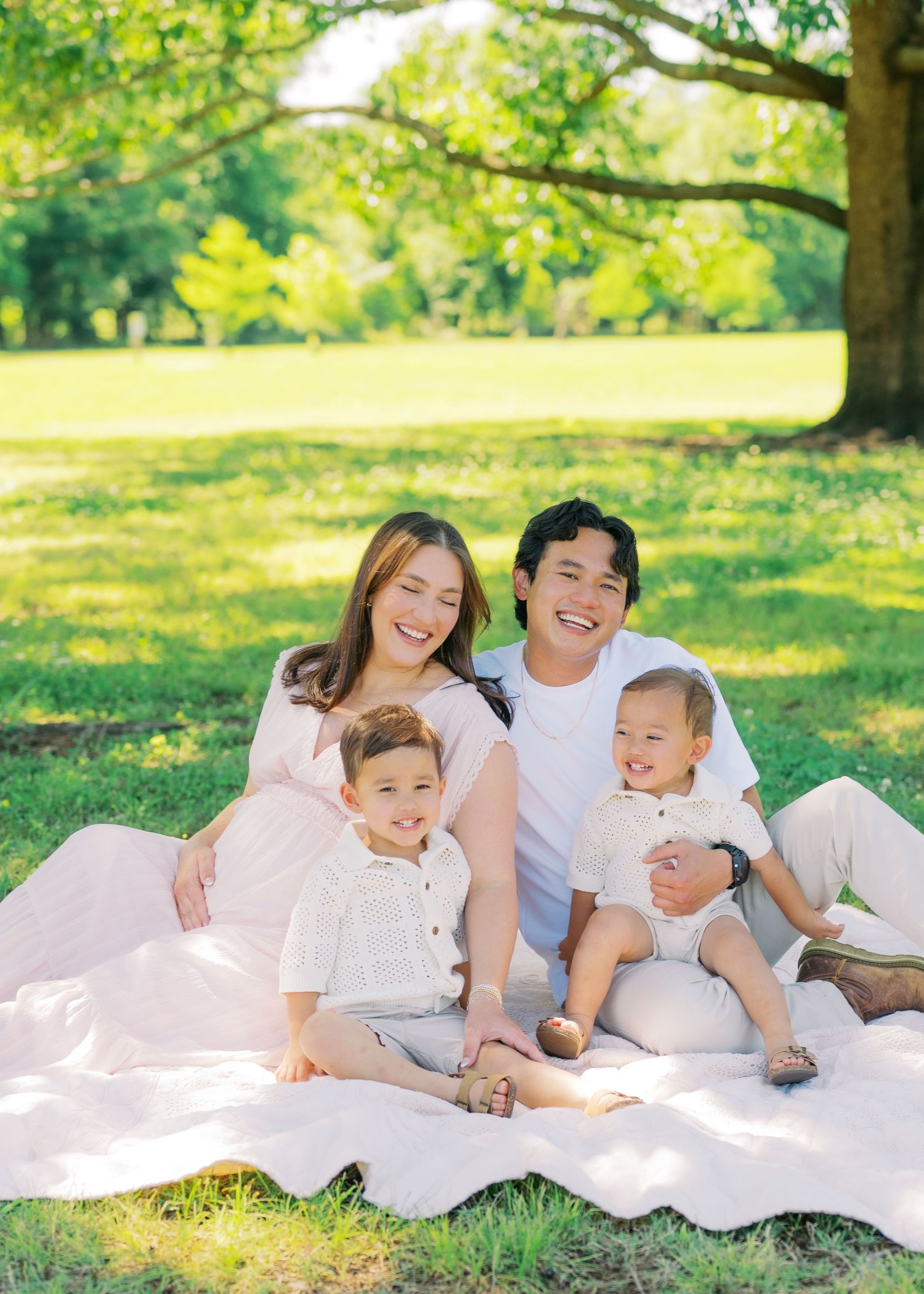Family of four smiling on a blanket in a sunny green park, with two young boys and parents in light neutral outfits.