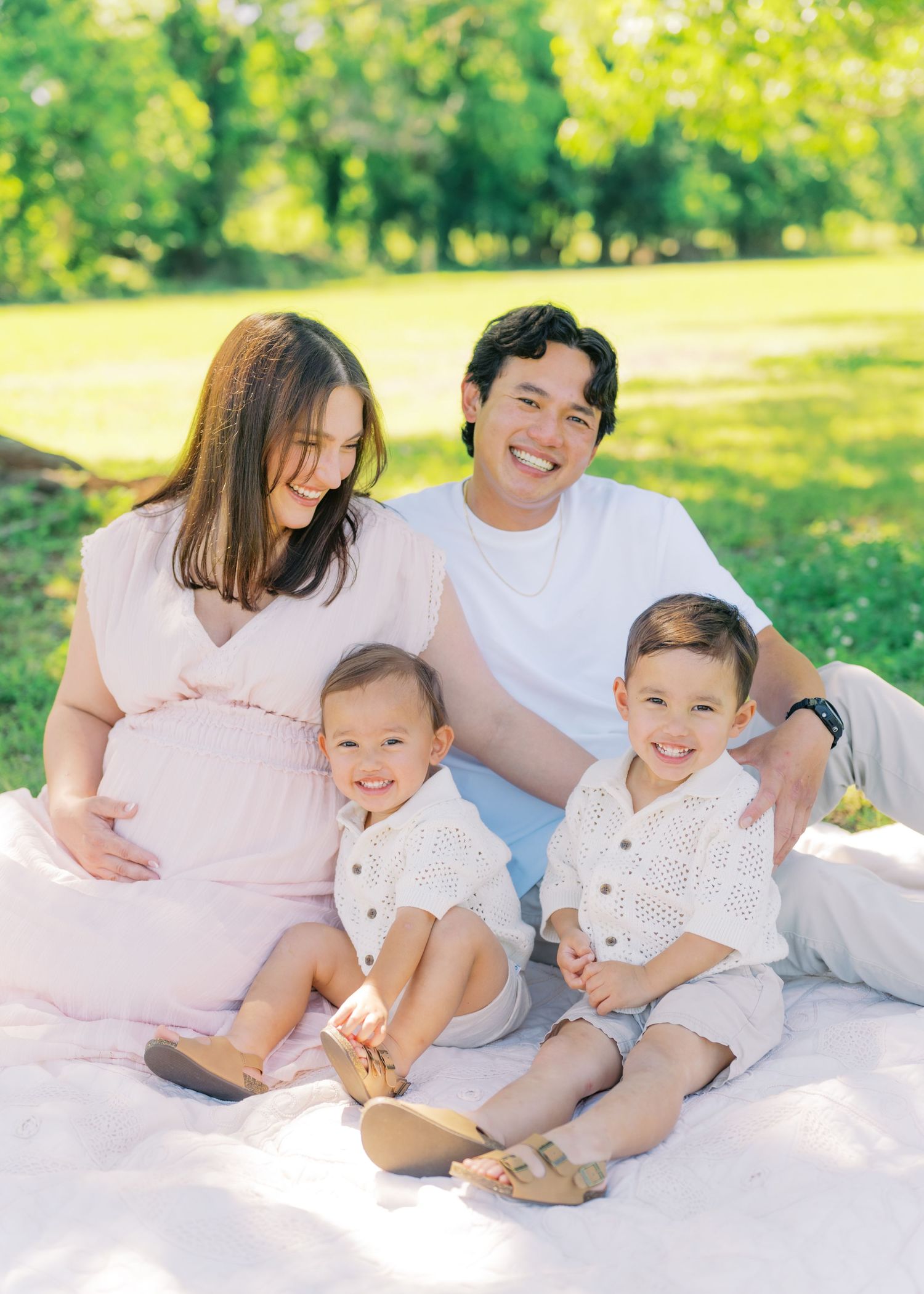 Happy family maternity photo with pregnant mother, father, and two young children sitting on blanket in sunny park.