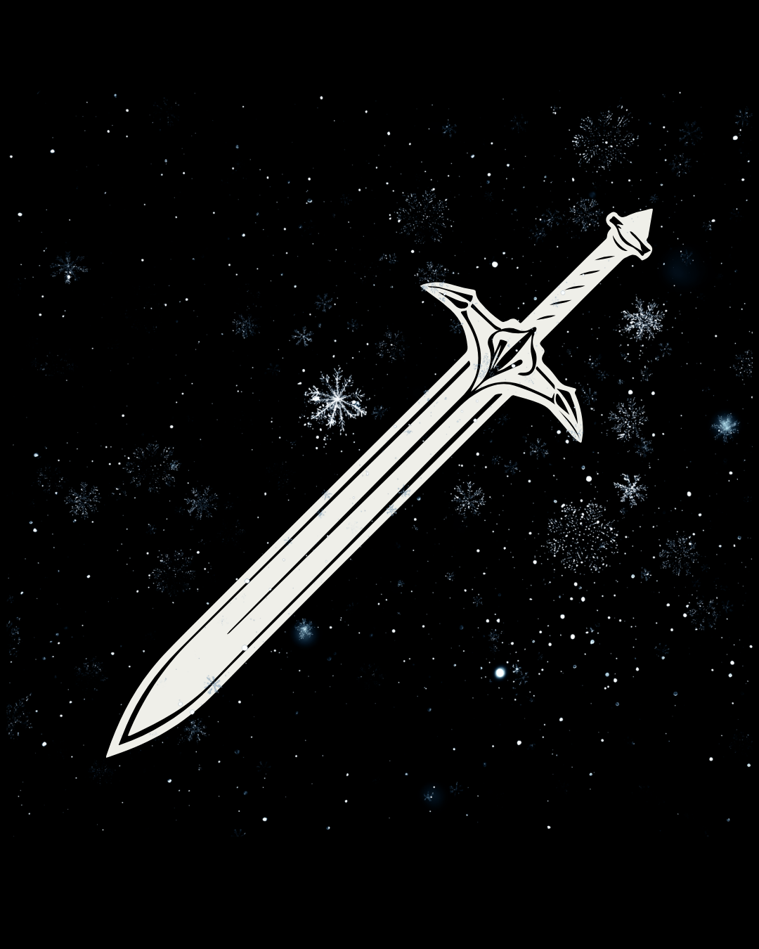 A sequence showing a white sword appearing and rotating against a dark starry background with snowflakes.
