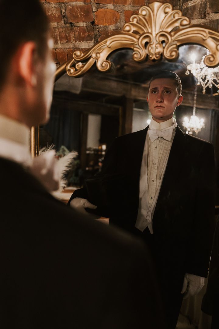 A sequence of formal event photos showing someone in a white tuxedo shirt and bow tie in an ornate venue setting.