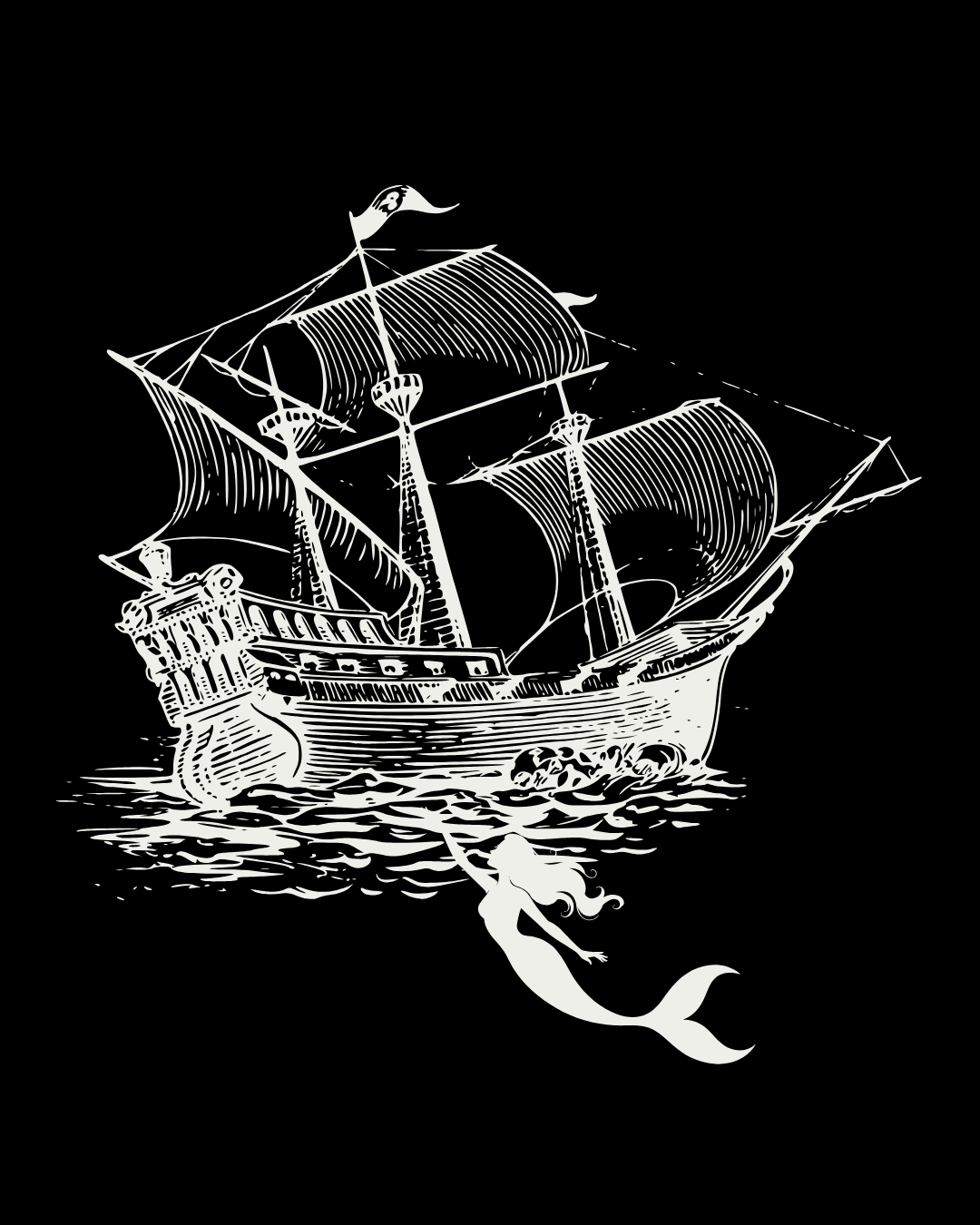 Black and white illustration of a vintage sailing ship with a mermaid swimming beneath it on a dark background.