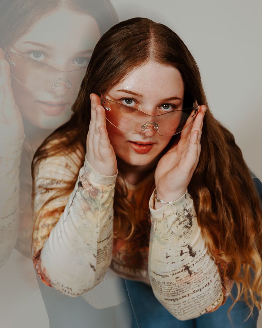 Artistic portrait series showing playful poses with hands framing face against neutral background.