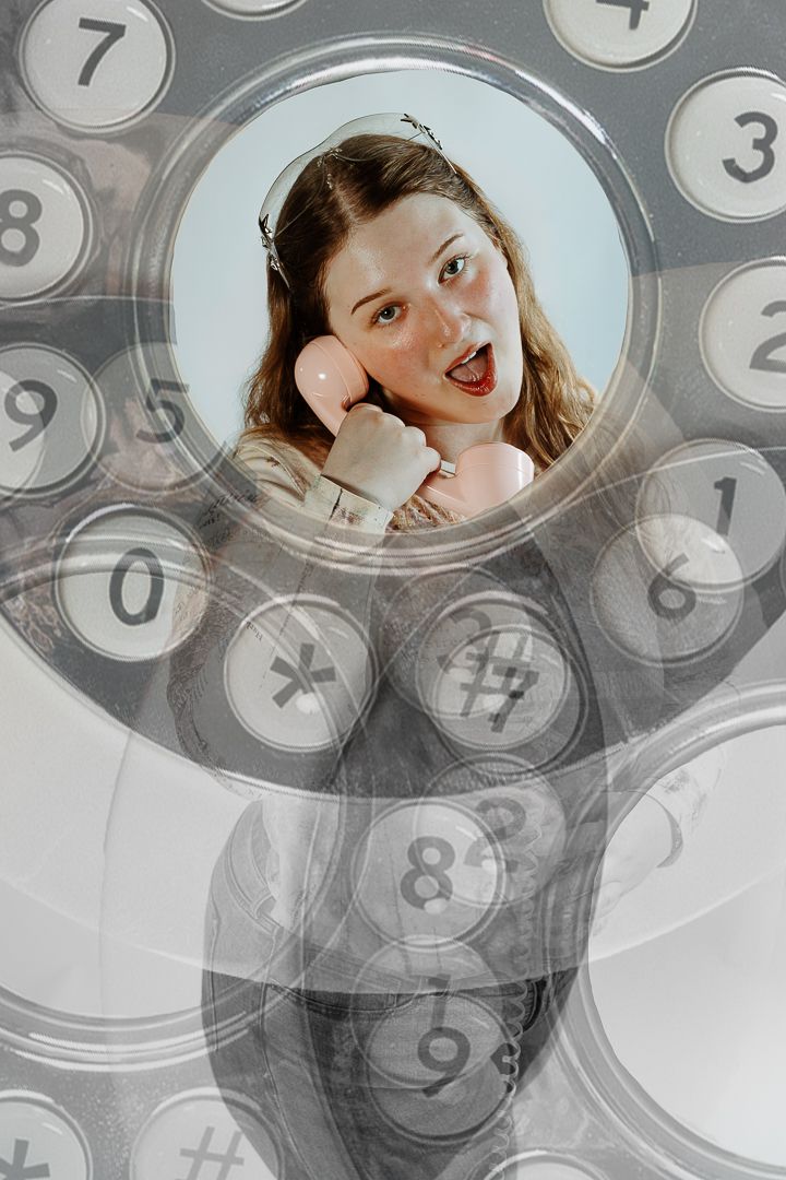 Creative portrait series with vintage rotary phone dial overlay effect.